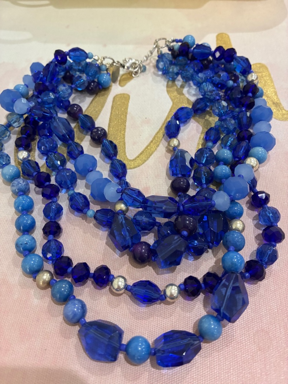White House Black Market Multi-Strand Cobalt & Sky Blue Crystal Beaded Necklace